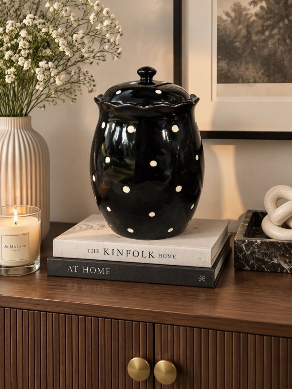 $25 sale Temp-Tations Ceramic Canister By Tara 2 Qt Black Polka dot w free